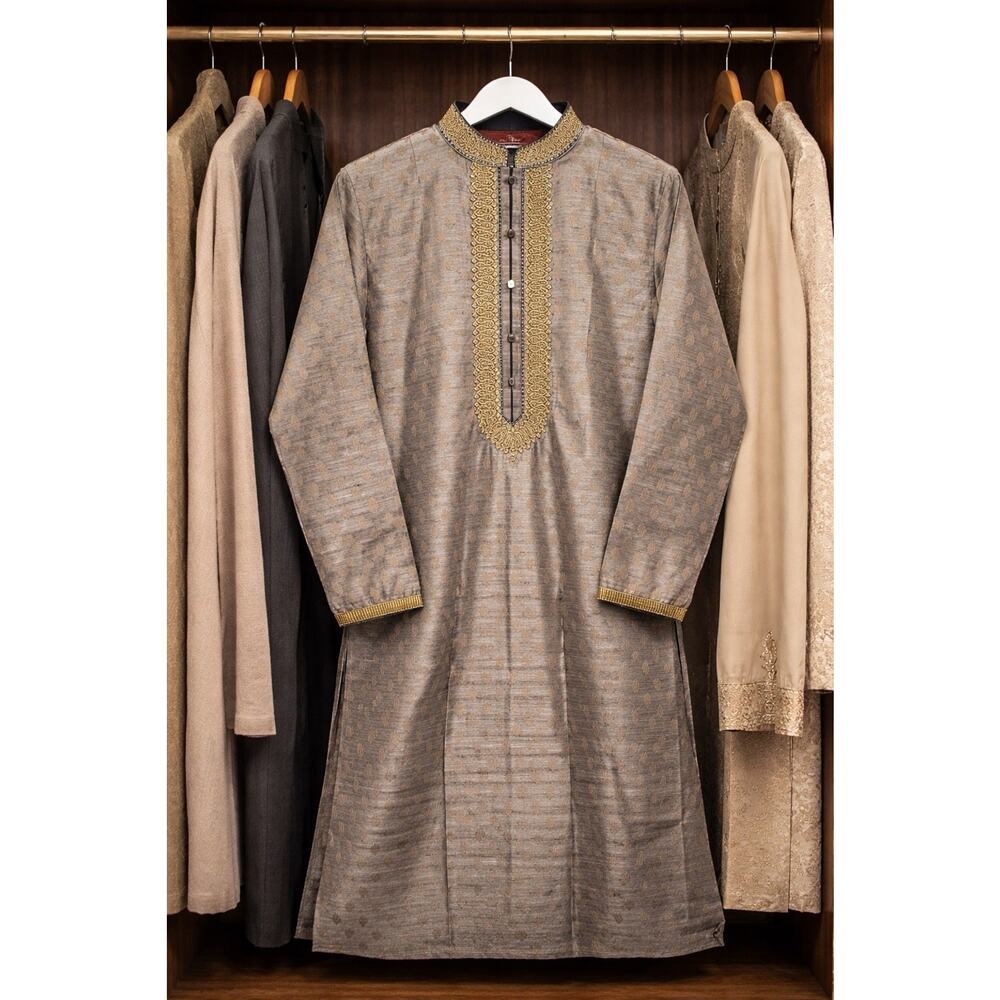 Sultan Men's Gray Kurta Gold Embroidery 21" Chest 42" Length Kurtas/Kurti